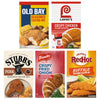 This image shows a variety of seasoned coating mixes from brands like Old Bay Lawrys Stubbs Frenchs and Franks RedHot.