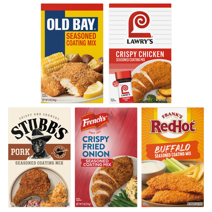This image shows a variety of seasoned coating mixes from brands like Old Bay Lawrys Stubbs Frenchs and Franks RedHot.