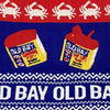 A pattern featuring Old Bay seasoning containers and crabs.