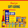 A vibrant yellow and red promotional graphic featuring the Old Bay Tin Bundle Dtcobvp Contains Old Bay Hot Sauce Old Bay Crab Cake Seasoning Old Bay Original Hot Garlic Herb Lemon Herb Blackened Seasonings arranged against a bright yellow background with the text Great for GIFT-GIVING.