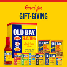 A vibrant yellow and red promotional graphic featuring the Old Bay Tin Bundle Dtcobvp Contains Old Bay Hot Sauce Old Bay Crab Cake Seasoning Old Bay Original Hot Garlic Herb Lemon Herb Blackened Seasonings arranged against a bright yellow background with the text Great for GIFT-GIVING.