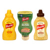 Three bottles of Frenchs mustard including Classic Yellow Creamy Dill Pickle and Spicy Brown.