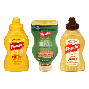 Three bottles of Frenchs mustard including Classic Yellow Creamy Dill Pickle and Spicy Brown.