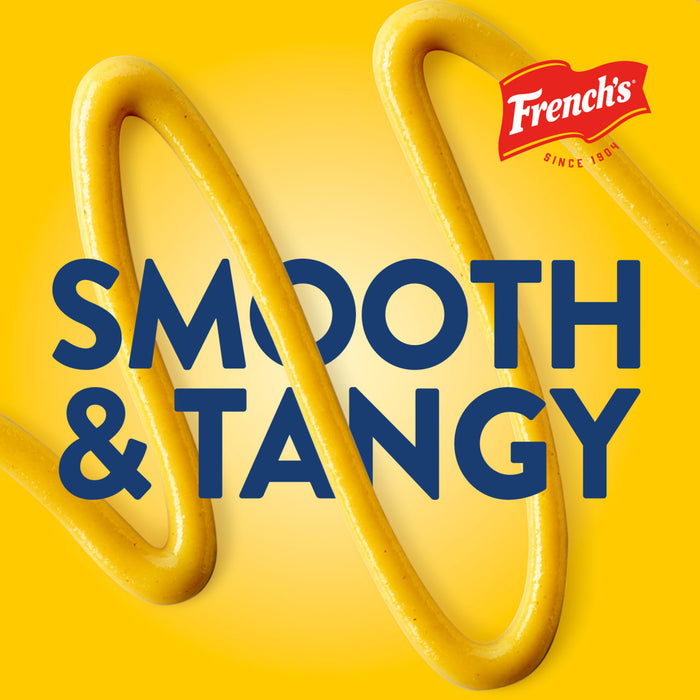A Frenchs mustard advertisement featuring the words Smooth &amp; Tangy written in blue over a yellow background with mustard swirls.