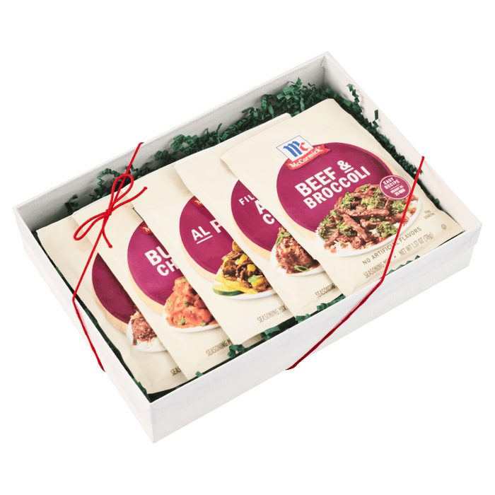 A McCormick gift box containing various seasoning packets.