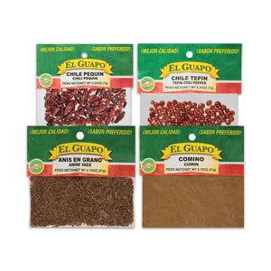 Four packets of El Guapo brand spices are displayed including crushed red pepper chili pequin flax seed and ground cumin.