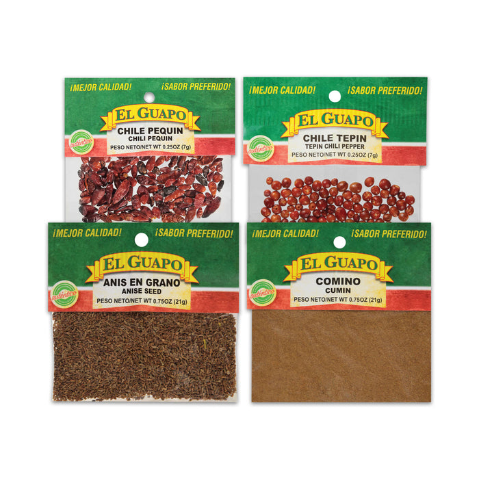 Four packets of El Guapo brand spices are displayed including crushed red pepper chili pequin flax seed and ground cumin.