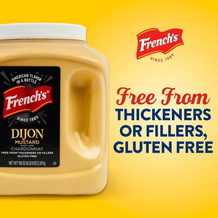 A container of French's Dijon Mustard is shown, highlighting that it is free from thickeners or fillers and is gluten-free.