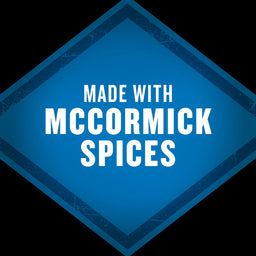 A blue diamond-shaped badge with the text Made with McCormick Spices in white.