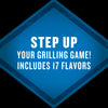 A blue diamond-shaped graphic with the text STEP UP YOUR GRILLING GAME! INCLUDES 17 FLAVORS in white.