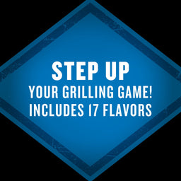 A blue diamond-shaped graphic with the text STEP UP YOUR GRILLING GAME! INCLUDES 17 FLAVORS in white.
