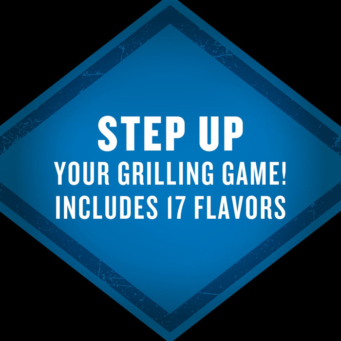 A blue diamond-shaped graphic with the text STEP UP YOUR GRILLING GAME! INCLUDES 17 FLAVORS in white.