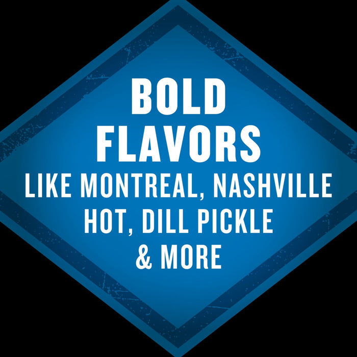 A blue diamond-shaped graphic with the text Bold Flavors Like Montreal Nashville Hot Dill Pickle &amp; More in white.
