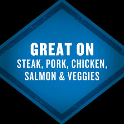 A blue diamond-shaped graphic with the text Great on Steak Pork Chicken Salmon &amp; Veggies in white.