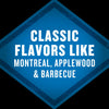 A blue diamond-shaped graphic with the text Classic Flavors Like Montreal Applewood &amp; Barbecue in white.