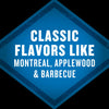 A blue diamond-shaped graphic with the text Classic Flavors Like Montreal Applewood &amp; Barbecue in white.