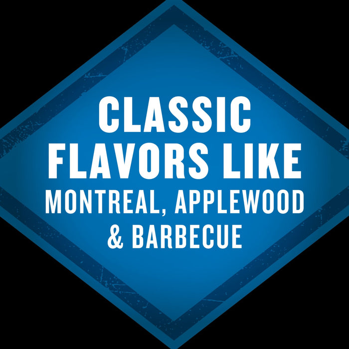 A blue diamond-shaped graphic with the text Classic Flavors Like Montreal Applewood &amp; Barbecue in white.