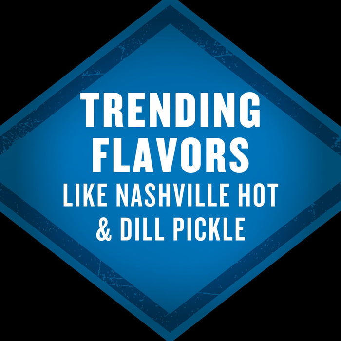 The image displays a blue diamond shape with the text Trending Flavors Like Nashville Hot &amp; Dill Pickle in white highlighting popular flavor trends.