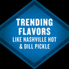The image displays a blue diamond shape with the text Trending Flavors Like Nashville Hot &amp; Dill Pickle in white highlighting popular flavor trends.