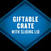 The image features a blue diamond-shaped badge with the text GIFTABABLE CRATE WITH SLIDING LID in white indicating a product feature or benefit.