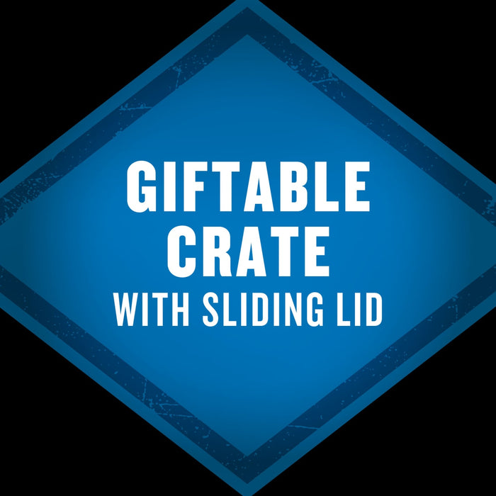 The image features a blue diamond-shaped badge with the text GIFTABABLE CRATE WITH SLIDING LID in white indicating a product feature or benefit.