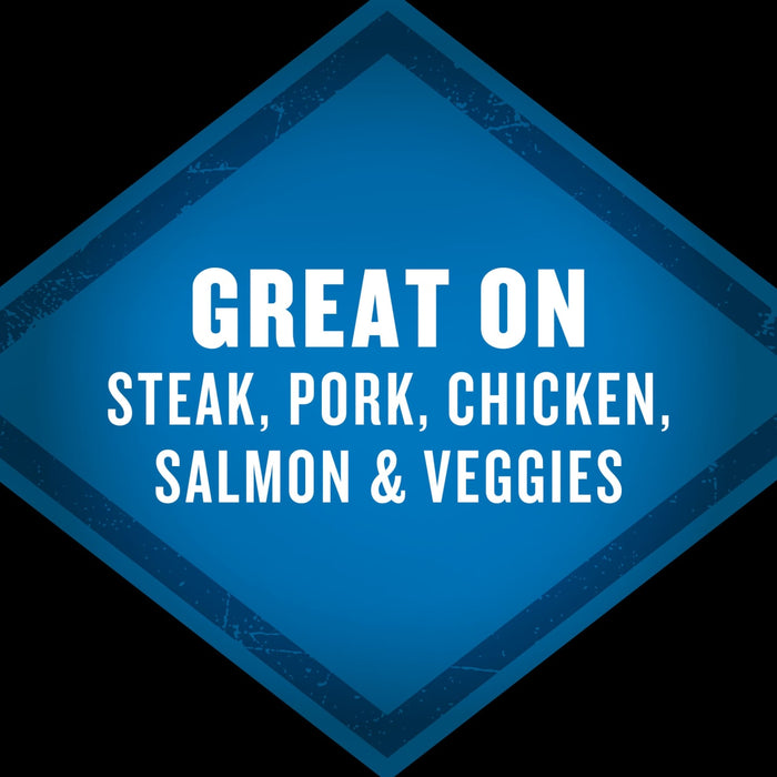 A blue diamond-shaped graphic with the text Great On Steak Pork Chicken Salmon &amp; Veggies in white.