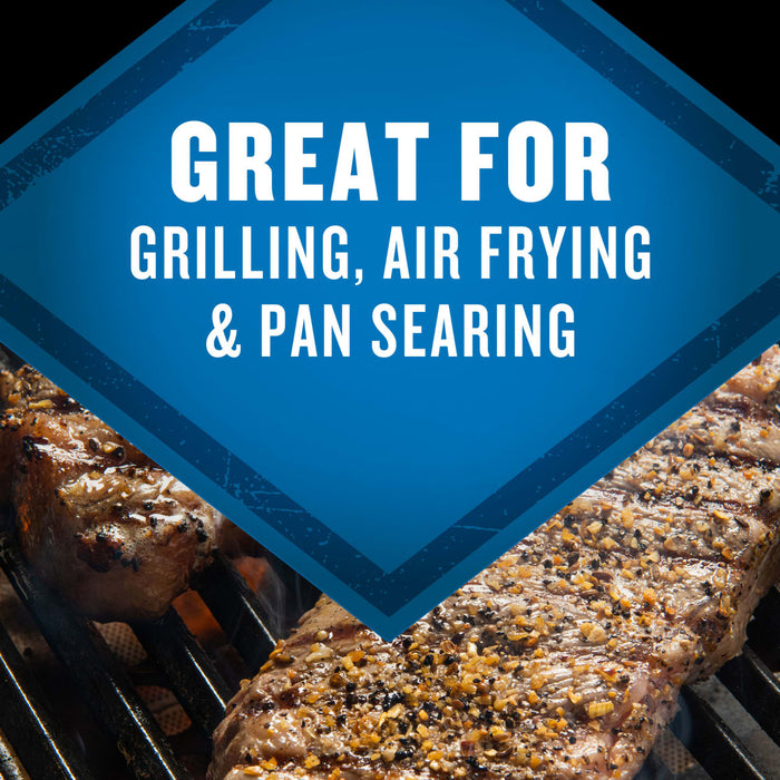 A close-up of seasoned steaks being grilled with a blue diamond overlay stating Great for Grilling Air Frying &amp; Pan Searing.