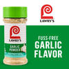 A container of Lawry's Garlic Powder is displayed, emphasizing its fuss-free garlic flavor.