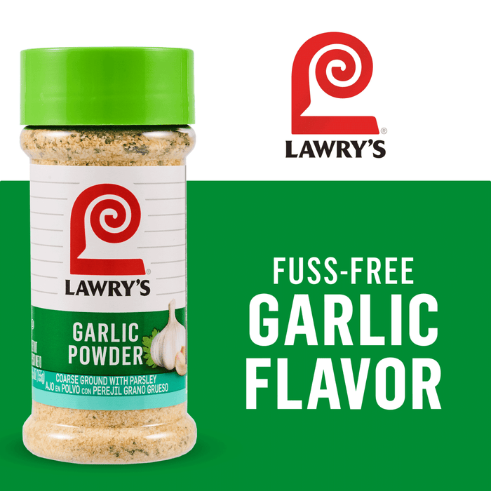 A container of Lawry's Garlic Powder is displayed, emphasizing its fuss-free garlic flavor.