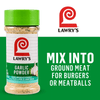 A bottle of Lawry's Garlic Powder is shown with text suggesting it be mixed into ground meat for burgers or meatballs.