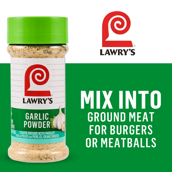 A bottle of Lawry's Garlic Powder is shown with text suggesting it be mixed into ground meat for burgers or meatballs.