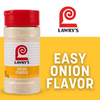 A container of Lawry's Onion Powder is displayed against a yellow background with the words Easy Onion Flavor.