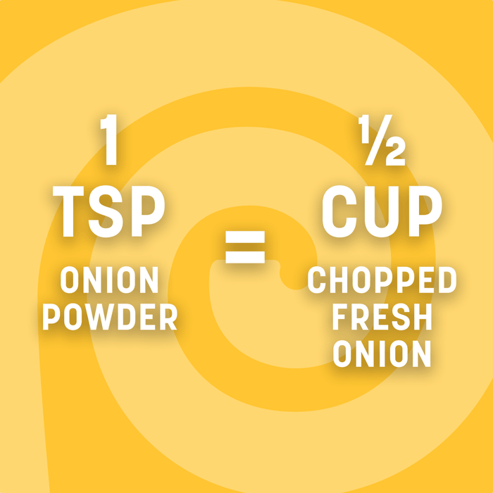 Infographic showing that 1 teaspoon of onion powder is equivalent to 1/2 cup of chopped fresh onion.