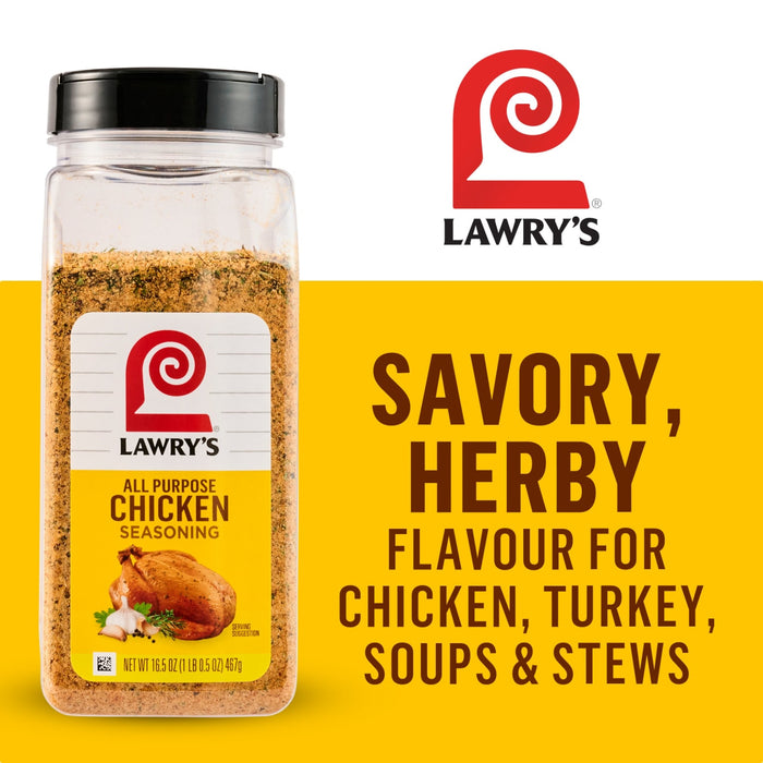 Lawry's All Purpose Chicken Marinade is a savory, herby flavor for chicken, turkey, soups and stews.