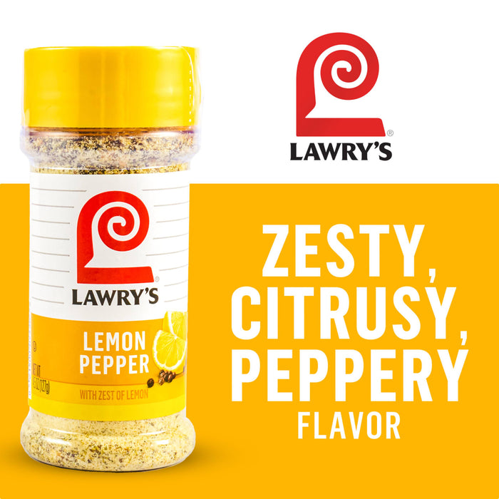 A bottle of Lawry's Lemon Pepper seasoning is displayed, highlighting its zesty, citrusy, and peppery flavor.