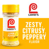 A bottle of Lawry's Lemon Pepper seasoning is displayed, highlighting its zesty, citrusy, and peppery flavor.