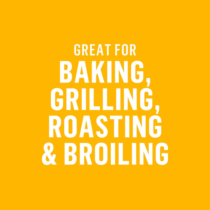 This image highlights that the product is great for baking, grilling, roasting, and broiling.