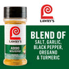 Lawry's Adobo seasoning blend contains salt, garlic, black pepper, oregano, and turmeric.