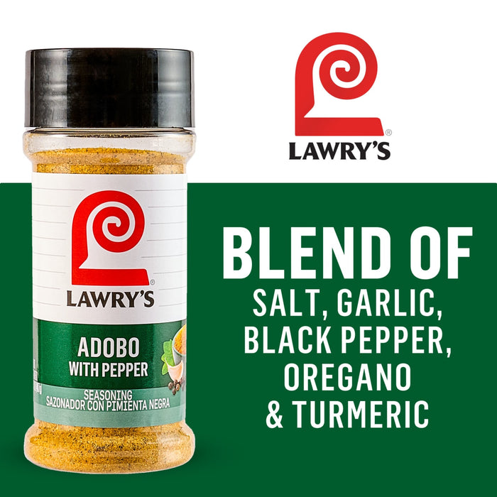 Lawry's Adobo seasoning blend contains salt, garlic, black pepper, oregano, and turmeric.
