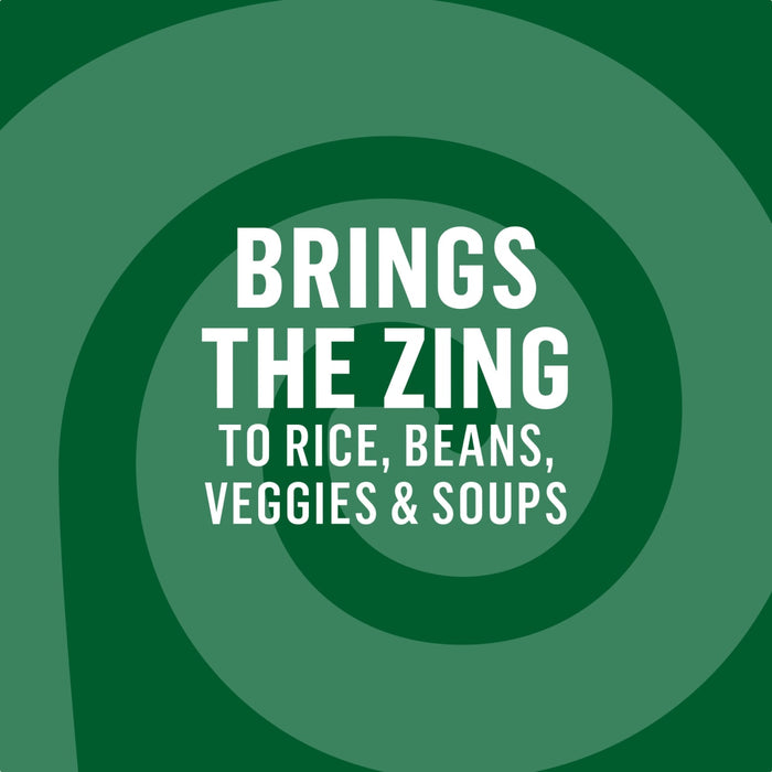 This image promotes a product that brings zing to rice, beans, veggies, and soups, set against a green spiral background.