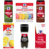 A collection of McCormick spices and extracts including parsley flakes assorted food colors smoked paprika pure lemon extract black peppercorn grinder and pure vanilla extract.