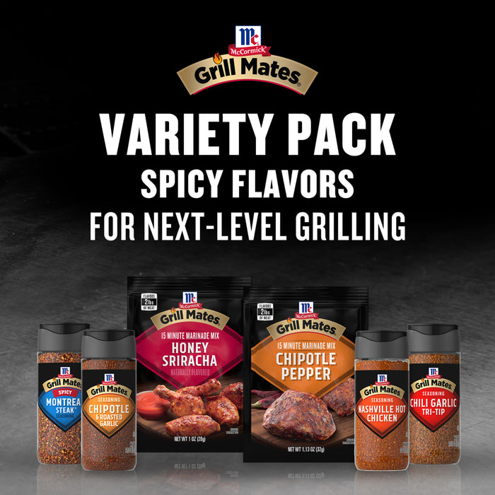 This image showcases a McCormick Grill Mates variety pack of spicy flavors including Montreal Steak Chipotle &amp; Roasted Garlic seasonings Honey Sriracha and Chipotle Pepper marinade mixes and Nashville Hot Chicken and Chili Garlic Tri-Tip seasonings.