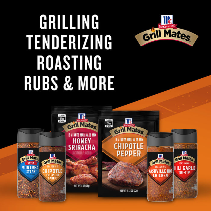 This image features McCormick Grill Mates products including seasonings and marinade mixes with text promoting grilling tenderizing roasting rubs and more.