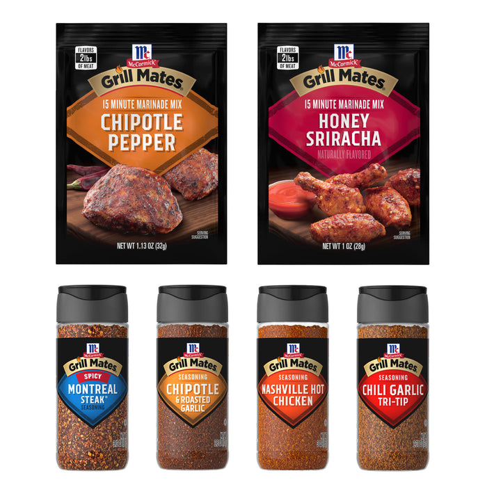 This image features McCormick Grill Mates marinade mixes and seasonings in various flavors including Chipotle Pepper Honey Sriracha Montreal Steak Chipotle &amp; Roasted Garlic Nashville Hot Chicken and Chili Garlic Tri-Tip.