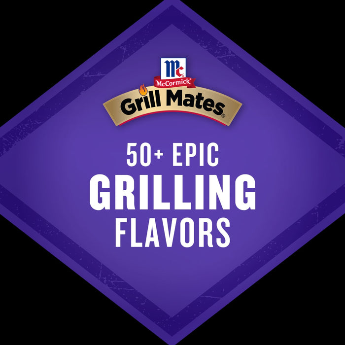 The McCormick Grill Mates logo is displayed on a purple diamond shape with the text 50+ EPIC GRILLING FLAVORS.