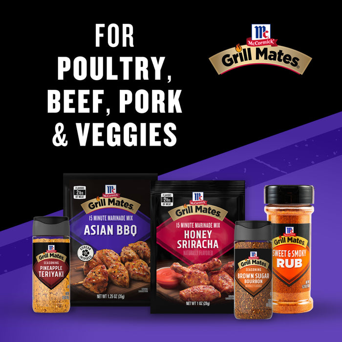 This image features McCormick Grill Mates seasonings and marinades for poultry beef pork and veggies.