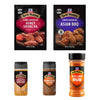 This image showcases a variety of McCormick Grill Mates seasonings including Honey Sriracha and Asian BBQ marinade mixes as well as Pineapple Teriyaki Brown Sugar Bourbon and Sweet &amp; Smoky Rub seasonings.