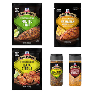 This image showcases a variety of McCormick Grill Mates products including marinade mixes and seasonings in different flavors like Mojito Lime Hawaiian Woodfire Grill Baja Citrus Brazilian Steakhouse and Pineapple Teriyaki.