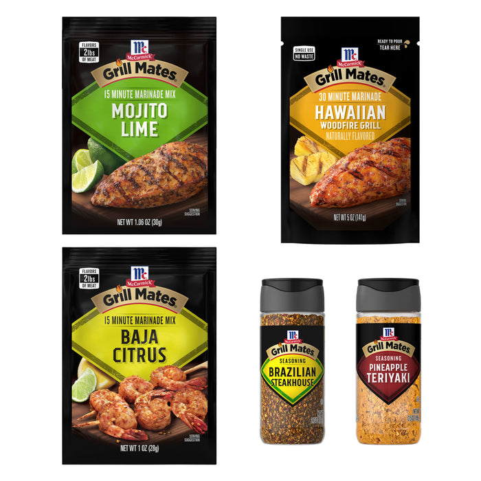 This image showcases a variety of McCormick Grill Mates products including marinade mixes and seasonings in different flavors like Mojito Lime Hawaiian Woodfire Grill Baja Citrus Brazilian Steakhouse and Pineapple Teriyaki.