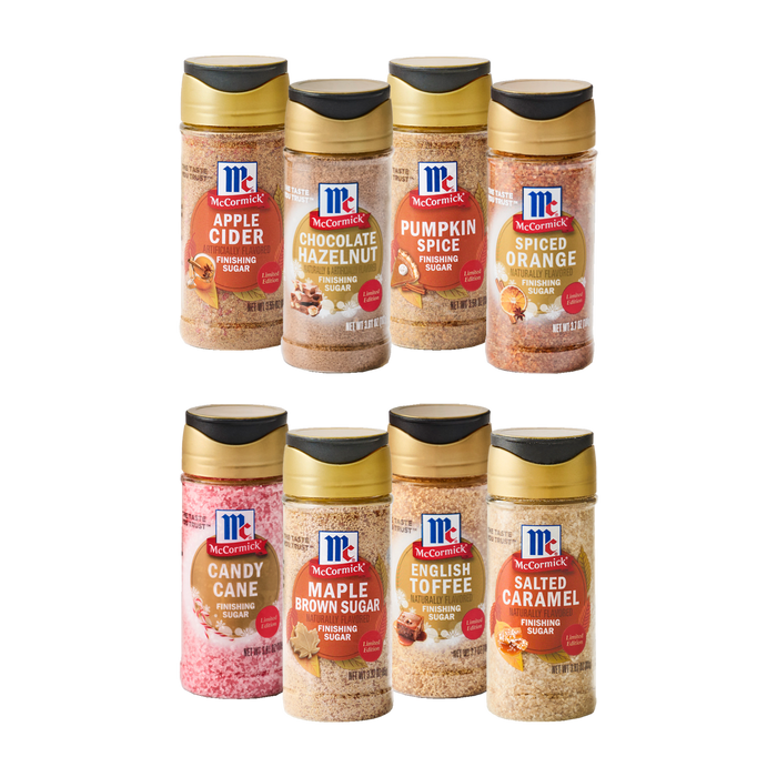 A collection of McCormick spice blends for fall baking, including pumpkin spice and apple pie spice.